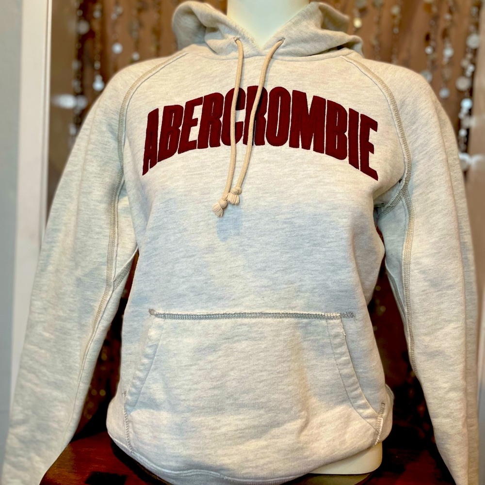 Modern Vintage Abercrombie & Fitch Logo Hoodie Grey Medium Burgundy Letters